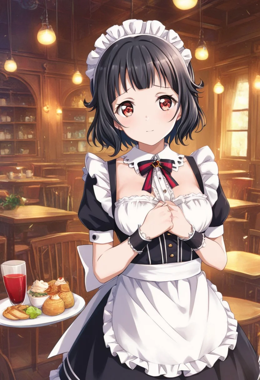 1girl, solo, bang dream!, ushigome rimi, black hair, brown eyes, short hair, bangs, maid dress, frills, maid headdress, (SuperQuality), red eyes, cafe background, breast view, incredibly absurdres ,medium breast, score_9,score_8_up,score_7_up,score_6_up,source_anime,