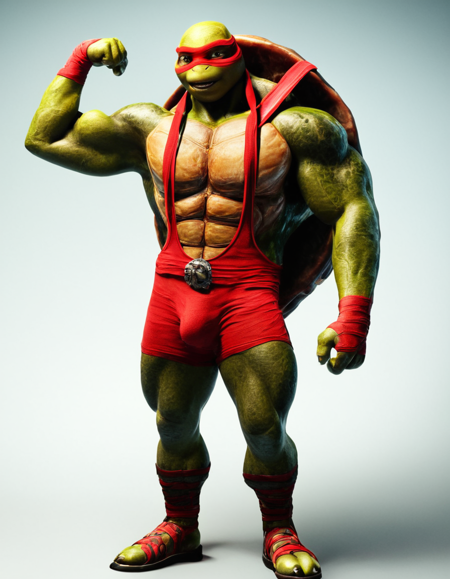 1man, (full shot, body, front view, standing),
 <lora:Patrick_Fillion_Style_PonySDXL:0.8> Pfillion
 <lora:Bgg:0.8> TMNT2014, TMNT2016, anthro turtle, male turtle, tmnt by Michael Bay, (raph)  from tmnt, (red) mask, bodybuilder, square jaw, bara, beefy, muscular, masculine, scaley skin, 
 <lora:rokudenashi01c:0.5>
arm flexing, bodybuilder pose,
 <lora:xl_more_art-full_v1:1> <lora:add_details_xl:1> more detail, <lora:detailed:1> DETAILED,DETAILED STYLE,PERFECT,
 <lora:Sexy_singlet_male:0.7>  wearing singlet, open chest,  sexy singlet, red color singlet,, score_9, score_8_up, score_7_up,, glow effects, godrays, Hand drawn, render, 8k, octane render, cinema 4d, blender, dark, atmospheric 4k ultra detailed, cinematic, Sharp focus, big depth of field, Masterpiece, colors, 3d octane render, 4k, concept art, trending on artstation, hyperrealistic, Vivid colors, extremely detailed CG unity 8k wallpaper, trending on CGSociety, Intricate, High Detail, dramatic