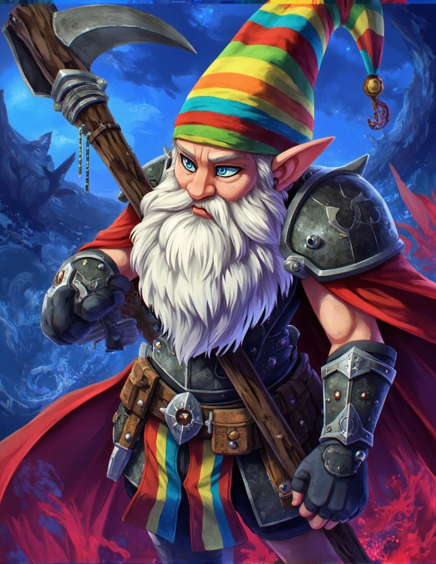 <lora:ck-LttleGhost-000011.safetensors:1> in the style of ck-lttlegh0stMeet the Gnome Warrior Wall Art Print, an otherworldly masterpiece featuring a stout gnome with an oversized white beard and indigo eyes. He's clad in vibrant rainbow-colored attire, complete with a matching pointed hat, and wields a silver-accoutred wooden staff. His armor is intricately rendered on a swirling blue-crimson backdrop, beckoning the viewer to enter this fantastical realm.