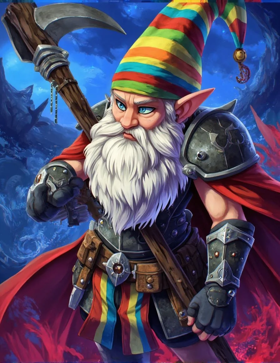 <lora:ck-LttleGhost-000011.safetensors:1> in the style of ck-lttlegh0stMeet the Gnome Warrior Wall Art Print, an otherworldly masterpiece featuring a stout gnome with an oversized white beard and indigo eyes. He's clad in vibrant rainbow-colored attire, complete with a matching pointed hat, and wields a silver-accoutred wooden staff. His armor is intricately rendered on a swirling blue-crimson backdrop, beckoning the viewer to enter this fantastical realm.