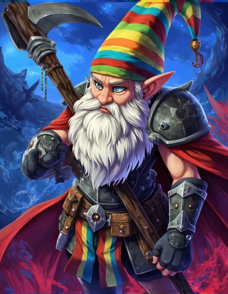 <lora:ck-LttleGhost-000011.safetensors:1> in the style of ck-lttlegh0stMeet the Gnome Warrior Wall Art Print, an otherworldly masterpiece featuring a stout gnome with an oversized white beard and indigo eyes. He's clad in vibrant rainbow-colored attire, complete with a matching pointed hat, and wields a silver-accoutred wooden staff. His armor is intricately rendered on a swirling blue-crimson backdrop, beckoning the viewer to enter this fantastical realm.