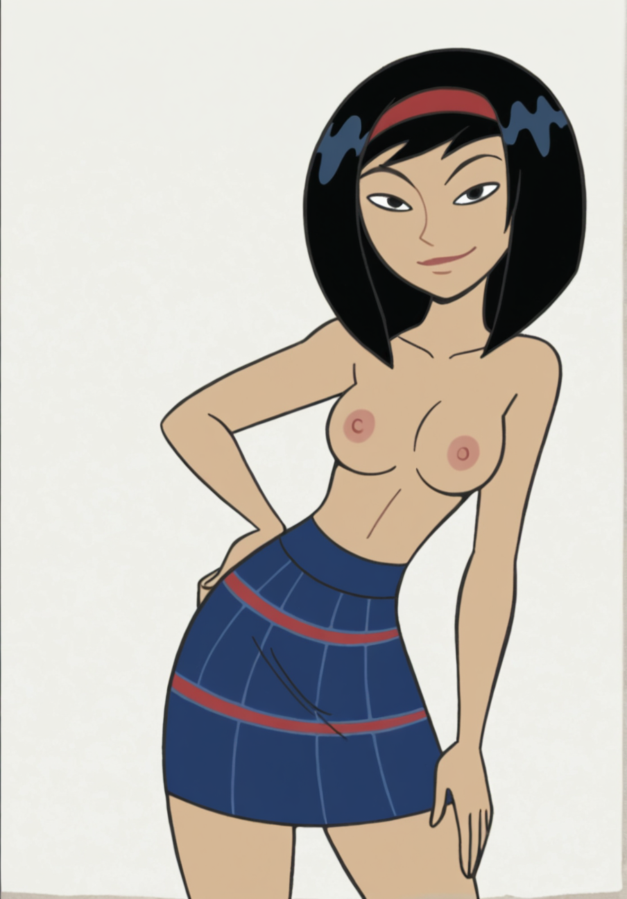 masterpiece, best quality, high quality, 

1girl, KPYoriGirl, flat colors, parody, score_9, black hair, black eyes, red hairband, skirt,

simple white background, looking at viewer, smile, topless