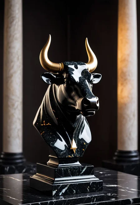 Fujifilm XT3, Sony A7 IV, (award winning photography) a (black: 0.79) marble simple (anthropomorphic bull) bust statue made of opal (Kintsugi: 0.89) set on a pedestal in temple, glistening. in the background beautiful pillars, divine (iridescent: 0.79), opalescent textures, volumetric light, ethereal, sparkling, studio photo, highly detailed, sharp focus (highest quality: 1.39) (highest coherency: 1.39) (award winning photography), highly detailed photography, (muted colors, cinematic, dim colors, soothing tones:1.2), vibrant, insanely detailed, hyperdetailed, (dark shot:1.2), (vsco:0.3), (intricate details:0.9), (hdr, hyperdetailed:1.2) (vignette), sss, raw photo, fijifilm, kodak, cinematic film grain, mesopotamian, babylonian