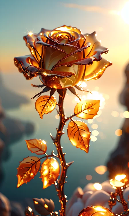 a lonely beautiful rose made of amber, atmospheric, sparkly, incredible, dreamy, magical, backlit, award winning, intricate details, ultra details, realistic, professional, highly detailed, super sharp, close up, fantastical, enchanting, storybook style, golden hour light . Surreal, ethereal, dreamy, mysterious, fantasy, highly detailed