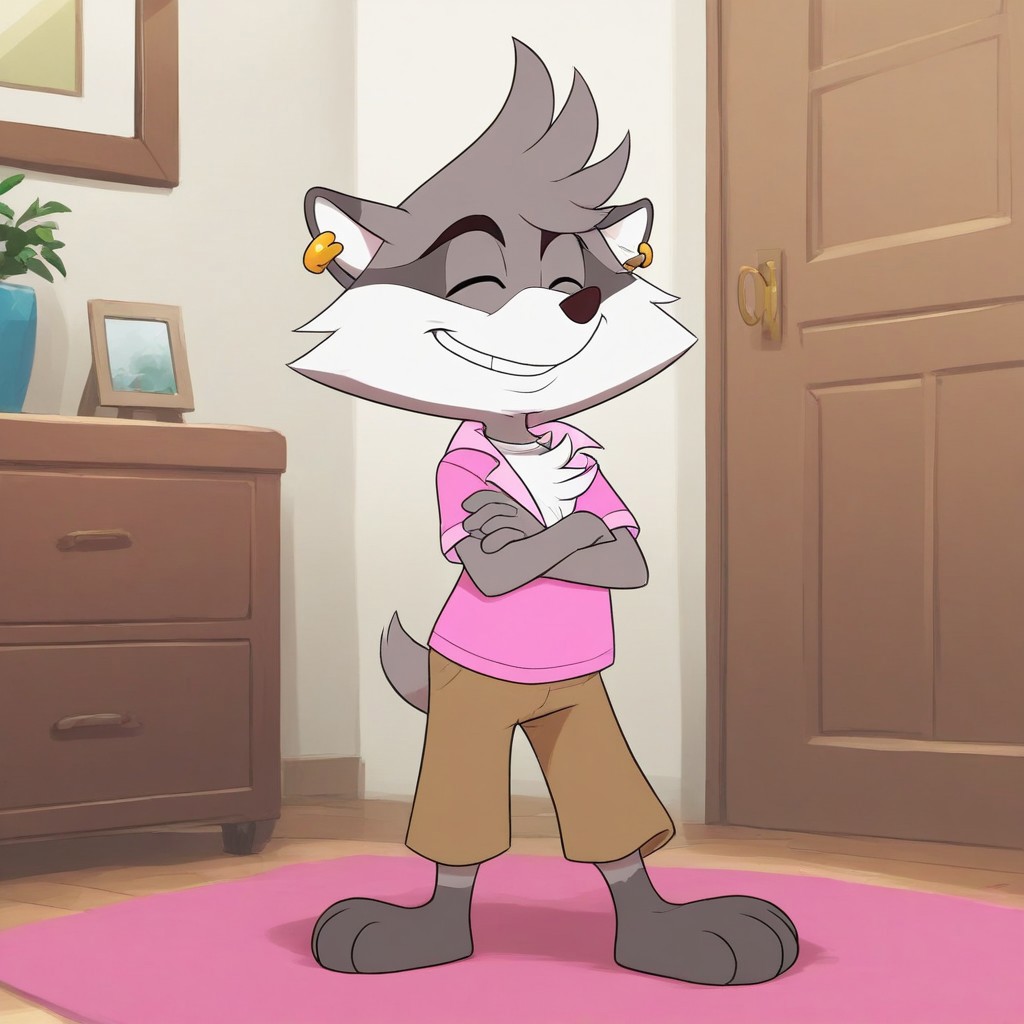 full body, indoors, Happy, smile, Arms Crossed, male focus, jewelry, Earring, furry, solo, Indoors