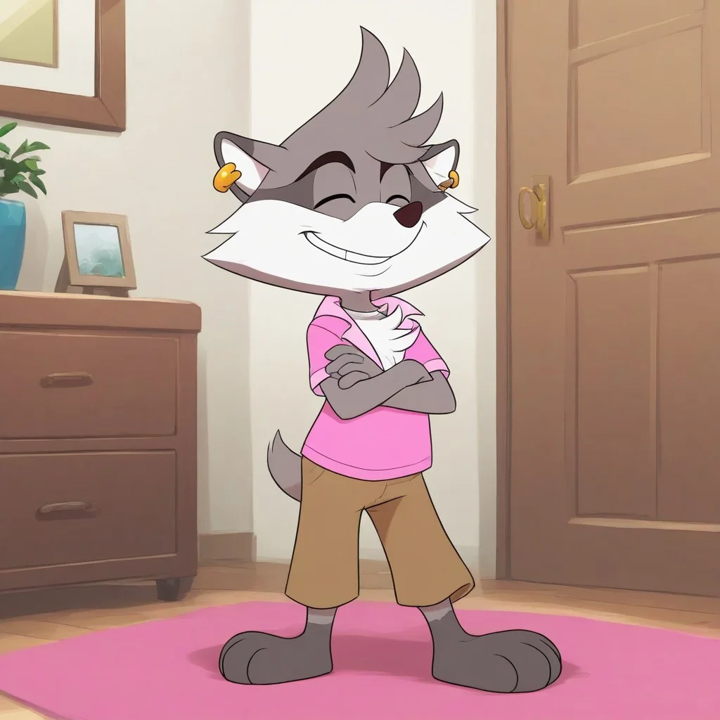 full body, indoors, Happy, smile, Arms Crossed, male focus, jewelry, Earring, furry, solo, Indoors