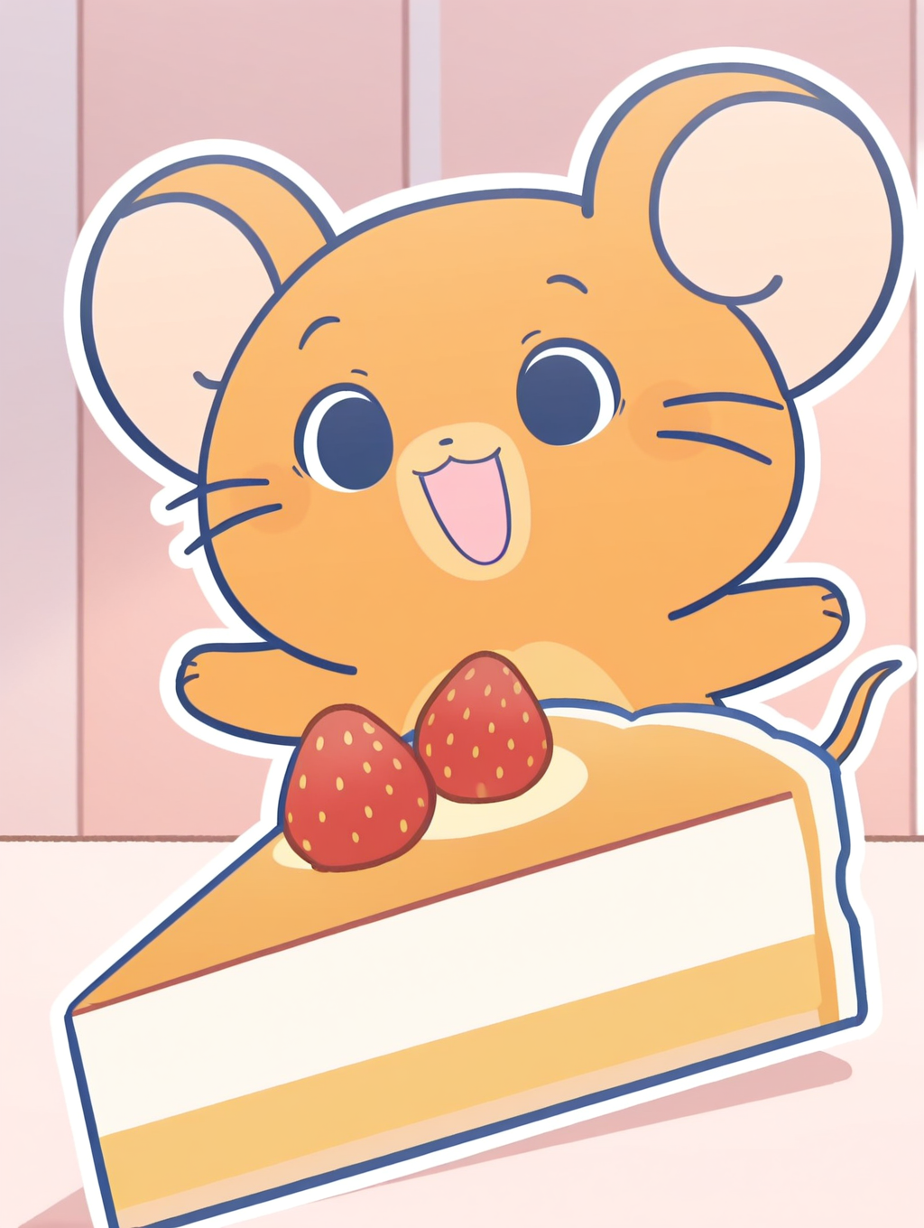 Jerī_Mouse, Triangle body, solo, mouse, happ, :d, orange-brown skin, whiskers, mouse ears, mouse tail, minimal, (( White frame, white outline)),Strawberry Cheesecake