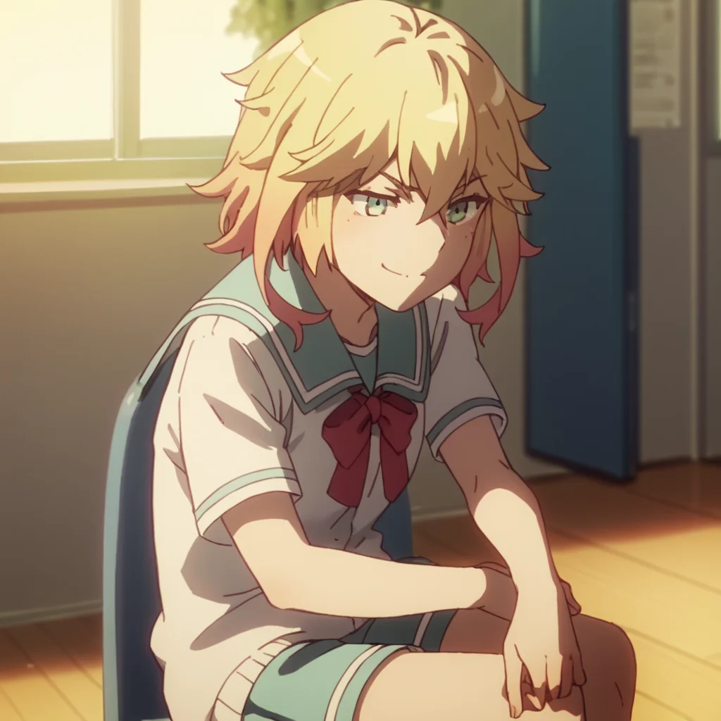 score_9, score_8_up, score_7_up, score_6_up, score_5_up, score_4_up, source_anime,  Tapris_DO, school uniform, smirk, sitting, class room, , multicolor hair, blond hair