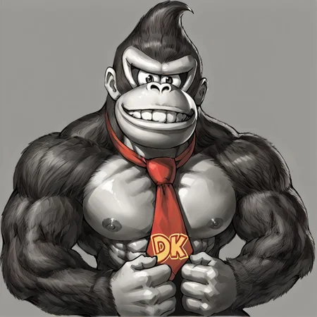 <lora:anipony_XL:0.5>, zPDXLxxx, score_9, score_8_up, score_7_up, SFW, source_anime, rating_general, (anime screenshot, flat coloring), solo, <lora:Donkey_Kong:0.8> donkeykong, brown fur, red tie, necktie, large body, large biceps, teeth, close up, gigachad pose, <lora:gigachad:1> gigachad, male focus, muscular, monochrome, greyscale, muscular male, pectorals, abs, simple background