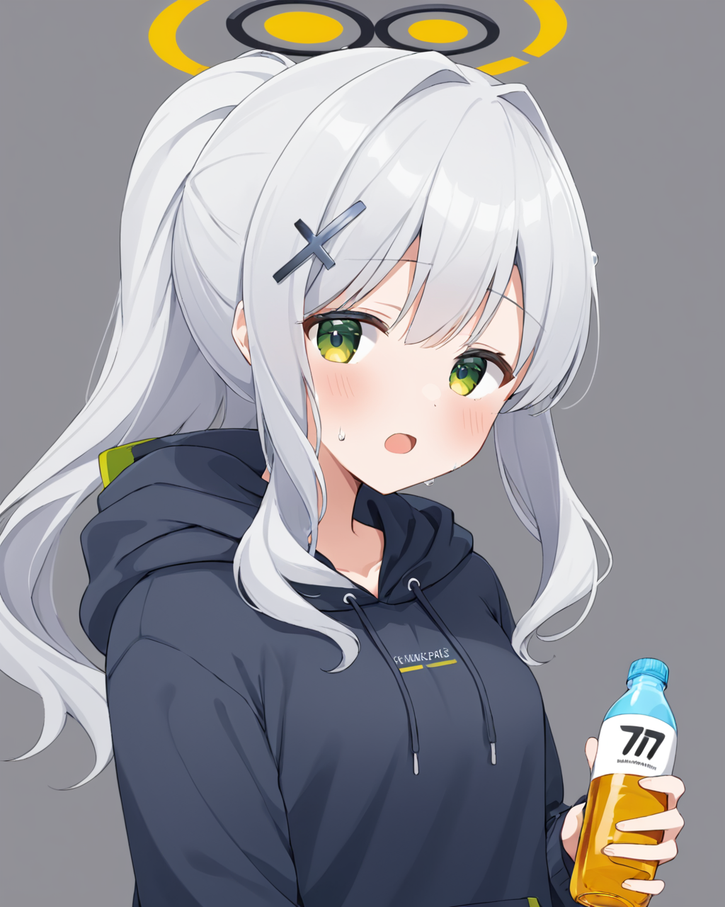 hare \(blue archive\),1girl, solo, ponytail, black_hoodie, simple_background, holding, open_mouth, grey_background, blush, cross_hair_ornament, hood_down, sweatdrop, upper_body, x_hair_ornament, bottle
<lora:hare_(blue_archive)_image423_2023-11-26:1>halo. gorgeous,key visual, vibrant, studio anime,award-winning, professional, highly detailed,high budget, cinemascope