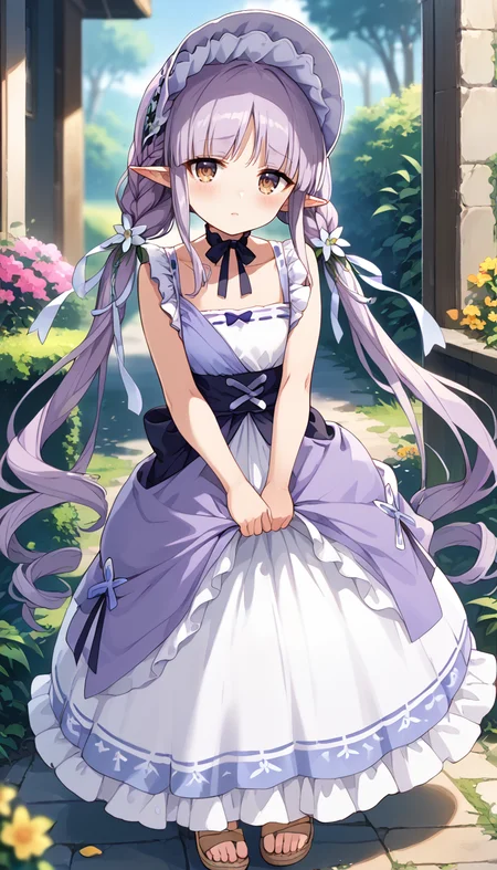 score_9,score_8_up,score_7_up,
official art,official style,game cg,megami magazine,
kyouka spring,
bangs, bare shoulders, blurry, blush, bonnet, braid, braided ponytail, brown eyes, dress,
elf, flower, frilled dress, frills, hair flower, hair ornament, hat, long hair, low twintails,
petals, pointy ears, purple dress, purple hair, ribbon, sleeveless, sleeveless dress, twintails,
very long hair, white dress,
1girl,solo,
standing,full body,
<lora:princess_connect_kyouka_pony_v1:1>,