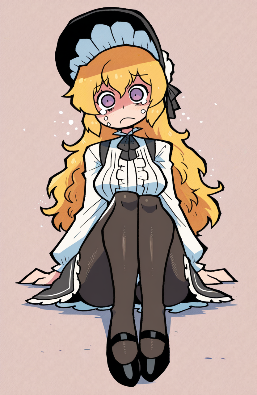 1girl, solo, <lora:rariatoo:1> rariatto,
yang xiao long, blonde hair, purple eyes, long hair, wavy hair, medium breasts, servant attire, frilly blouse, tiered skirt, pantyhose, flat shoes, bonnet, sitting on floor, knees drawn, tearful gaze, frown, crying, extremely detailed, highres, masterpiece, best quality