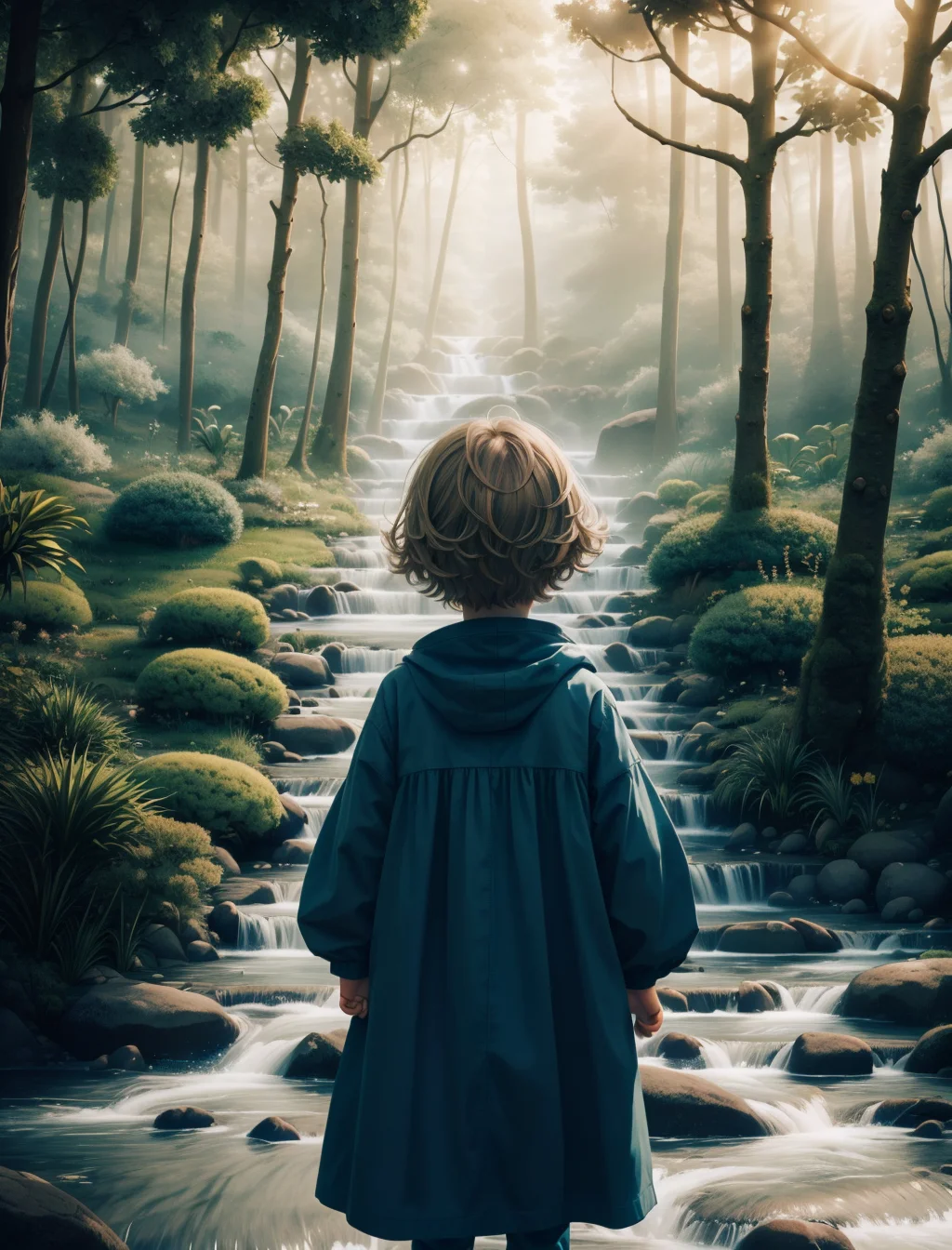 young (child:1.3),(dramatic lighting:1.1), HairDetail, long hair, from above, lush forest,god rays, sun shining between the trees,beautiful illustration,4k,high resolution,trending on pixiv,intricate,highly detailed , <lora:misty of forest:0.6>