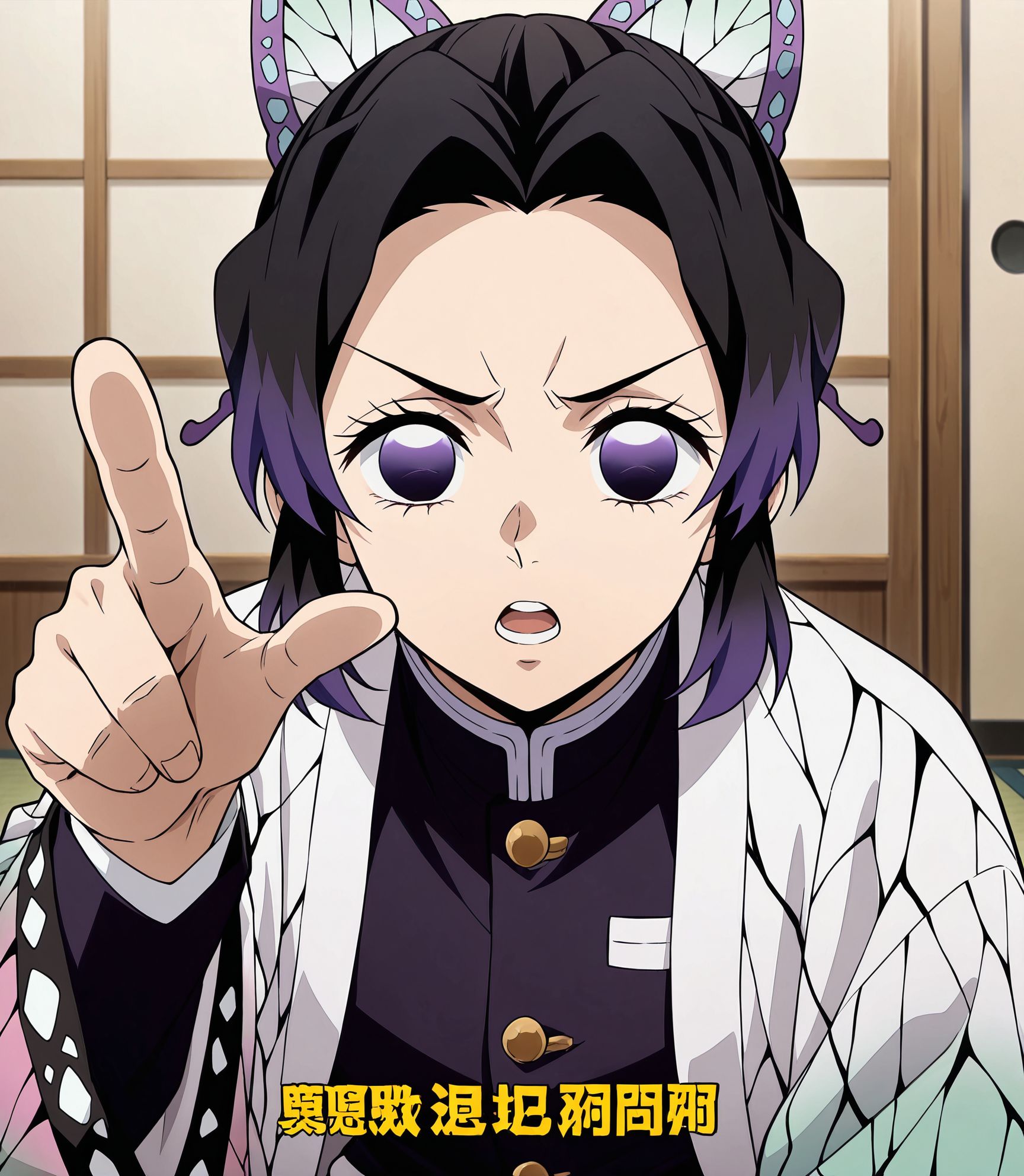 masterpiece, best quality, newest, absurdres, highres, detailed eyes, beautiful, detailed background, perfect eyes, anime coloring, anime screencap,
<lora:My_dad_got_the_MVP:0.7>My dad got the MVP,
Look for your own problems,pointing with one finger,open mouth, 
1boy,male focus,indoors, sitting, parody,solo,looking at viewer,
look for your own problems,pointing with one finger,talking, serious, 
kochou shinobu, kimetsu no yaiba, official art,