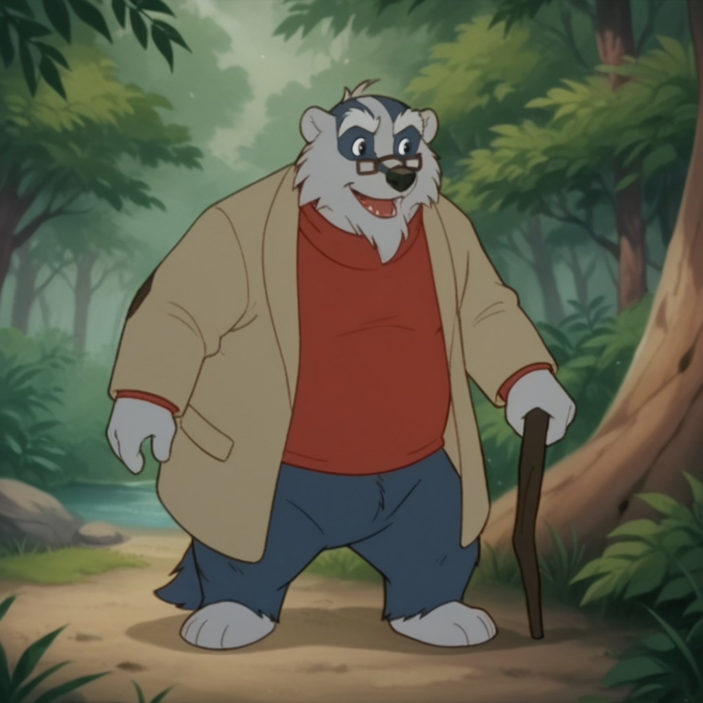 score_9, score_8_up, score_7_up, score_6_up, score_5_up, score_4_up, source_furry, Corneliusouaf, semi-anthro, male, badger, grey fur, two-tone fur, red shirt, glasses, tan jacket, standing, in a forest
