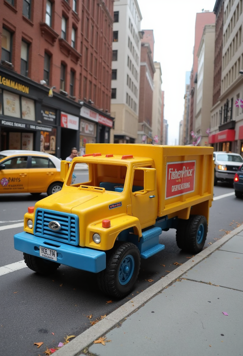 80s fisher price version of a garbage truck on the mean streets of nyc, FP80S style, fisher price 80s style