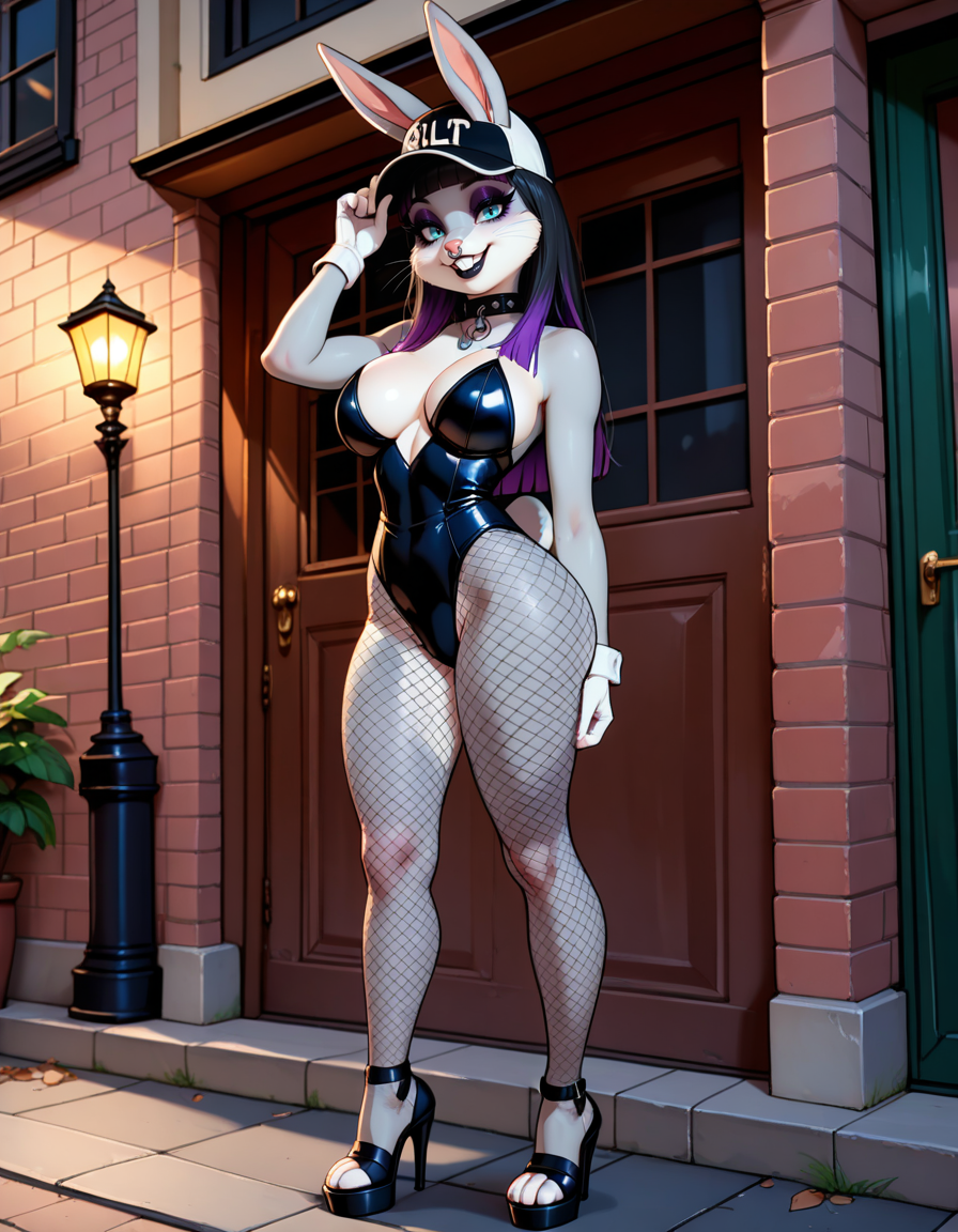 masterpiece, best quality, very aesthetic, absurdres,
outdoors, goth fashion, 
full body, posing, standing, 
seductive smile, parted lips, long eyelashes,
<lora:Goth_Bugs_Bunny_v01_NAIXL:1>
G07h88,1girl,solo,furry,furry female,rabbit girl,rabbit ears,long hair,multicolored hair,black hair,purple hair,blunt bangs,rabbit ears,piercing,blue eyes,makeup,eyeshadow,snout,animal nose,whiskers,buck teeth,collar,body fur,two-tone fur,grey fur,white fur,rabbit tail,
baseball cap,large breasts,fishnets,high heels,