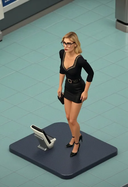 thesims,, isometric,
WallRES
Highly detailed illustration of a blonde millennial woman, wearing glasses and black smart casual wear, pouting with slim lips in a busy airport setting. Realistic rendering, long shot, intricate details on clothing and accessories, by fashion illustrator David Downton or Jason Brooks.