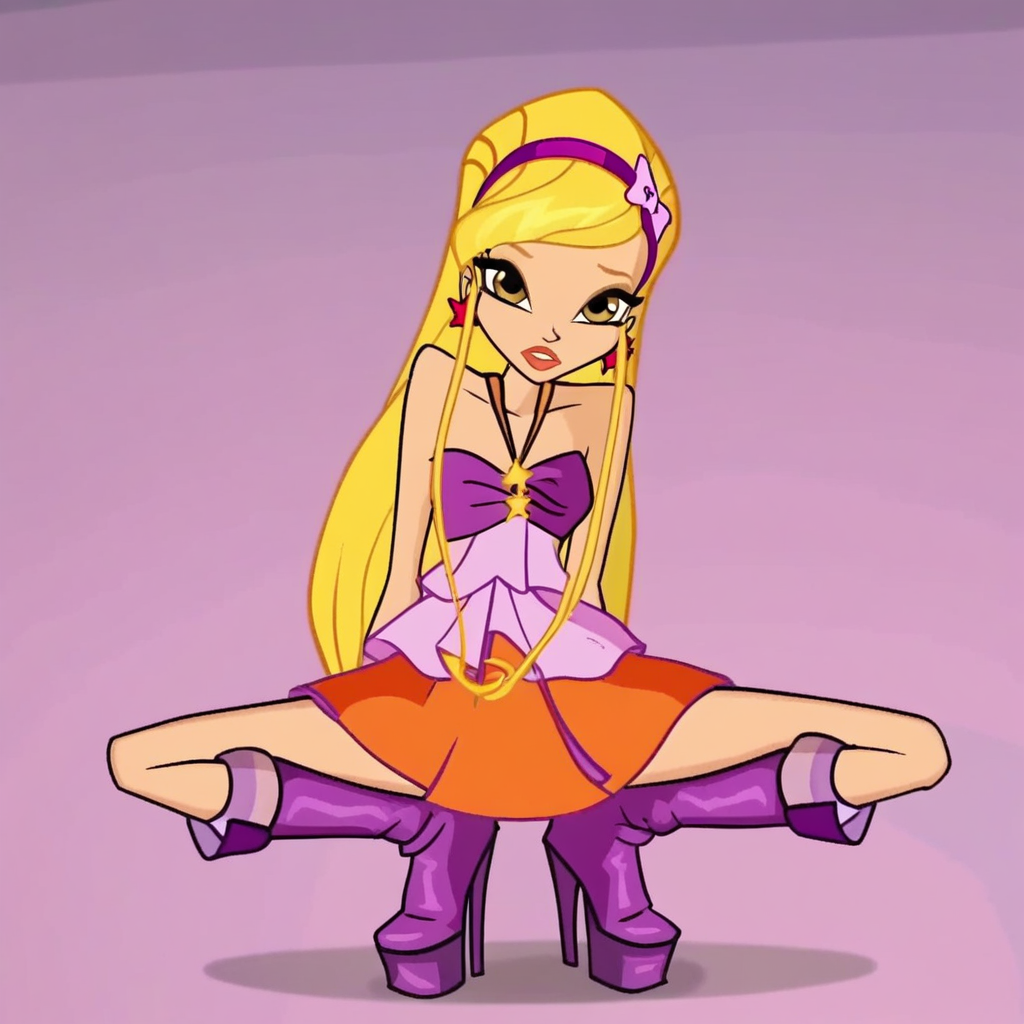 score_9, score_8_up, score_7_up, winx club season 5, stella, blonde hair, long hair, yellow eyes, 1girl,boots, jewelry, earrings, hairband, star earrings, high heels, knee boots, purple footwear, purple hairband, orange dress, bare shoulders, looking at viewer, squatting, front view, spreading legs, platform heels, simple background