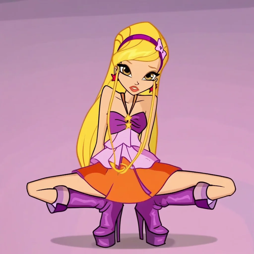 score_9, score_8_up, score_7_up, winx club season 5, stella, blonde hair, long hair, yellow eyes, 1girl,boots, jewelry, earrings, hairband, star earrings, high heels, knee boots, purple footwear, purple hairband, orange dress, bare shoulders, looking at viewer, squatting, front view, spreading legs, platform heels, simple background