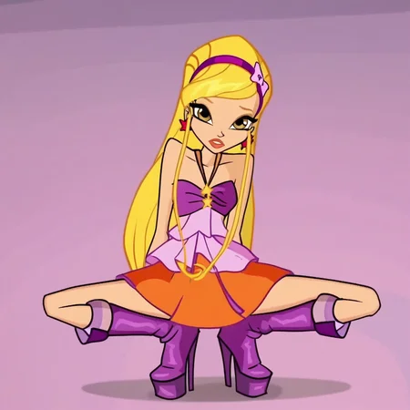 score_9, score_8_up, score_7_up, winx club season 5, stella, blonde hair, long hair, yellow eyes, 1girl,boots, jewelry, earrings, hairband, star earrings, high heels, knee boots, purple footwear, purple hairband, orange dress, bare shoulders, looking at viewer, squatting, front view, spreading legs, platform heels, simple background