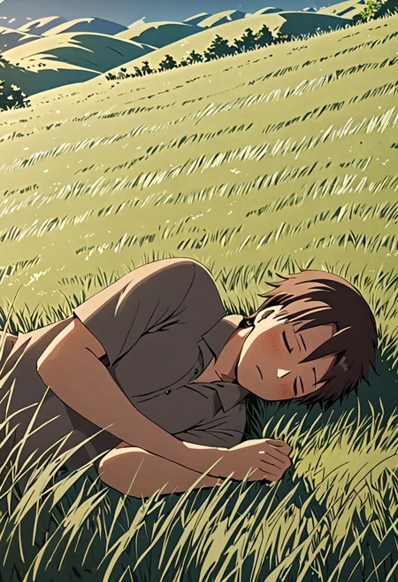high resolution, solo, best quality, 1Boy, Takaki Toono, Brownish Hair, Brown Eyes, sleep, nap, grass, meadow hills, wind breeze, OverallDetail