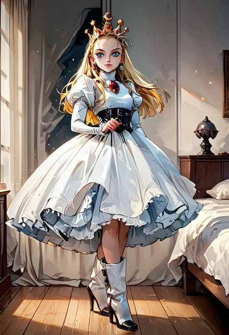 score_9, score_8_up, score_7_up, score_6_up, BREAK,uncensored, bedroom ,1girl, devilotte, long blonde hair, hair slicked back, crown, blue eyes,white dress, puffy juliet sleeves, high heel boots,
