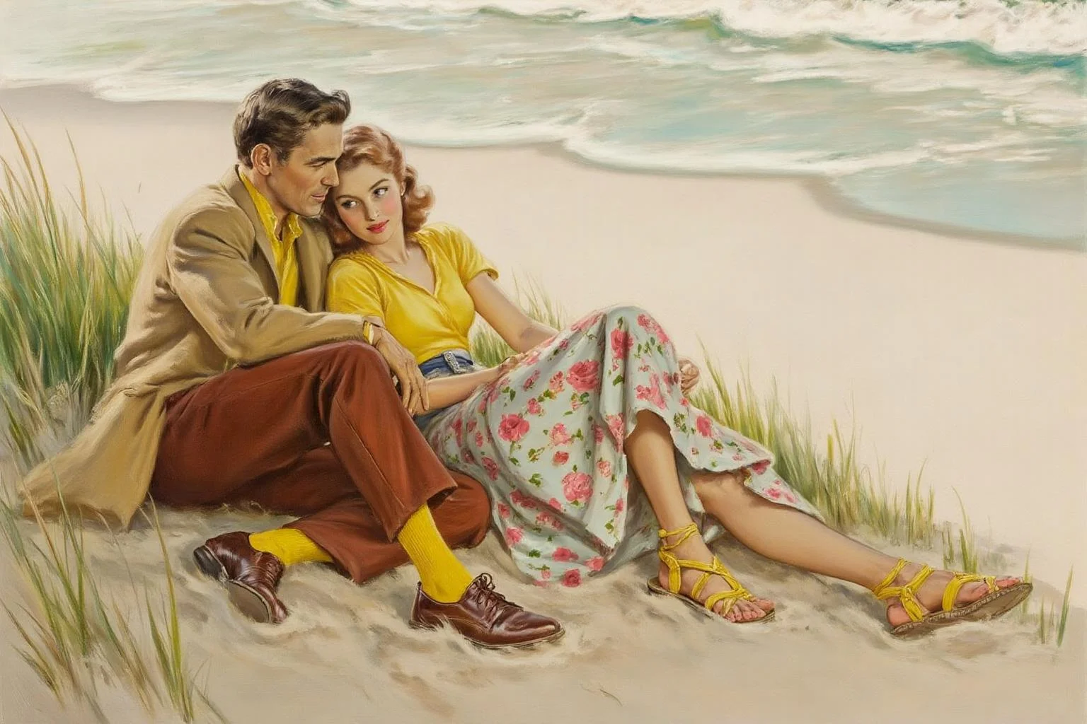 walterbaumhofer1 painting.
A man and a woman sit closely on a beach, leaning against each other. The man on the left wears a light brown coat, red pants, and yellow socks with brown shoes. The woman beside him wears a yellow top, a floral skirt, and yellow sandals. <lora:walterbaumhofer1_cap_d8a4e12:1.0><lora:849097505852399670:0>