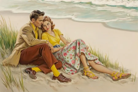walterbaumhofer1 painting.
A man and a woman sit closely on a beach, leaning against each other. The man on the left wears a light brown coat, red pants, and yellow socks with brown shoes. The woman beside him wears a yellow top, a floral skirt, and yellow sandals. <lora:walterbaumhofer1_cap_d8a4e12:1.0><lora:849097505852399670:0>