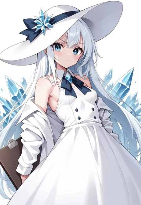 score_9, score_8_up, score_7_up, score_6_up, pale_blue_skin, white_hair, straight_hair, small_breasts, slim, sun_hat, white_dress, serious_expression, clipboard, ice_crystals, professional_pose, focused_gaze