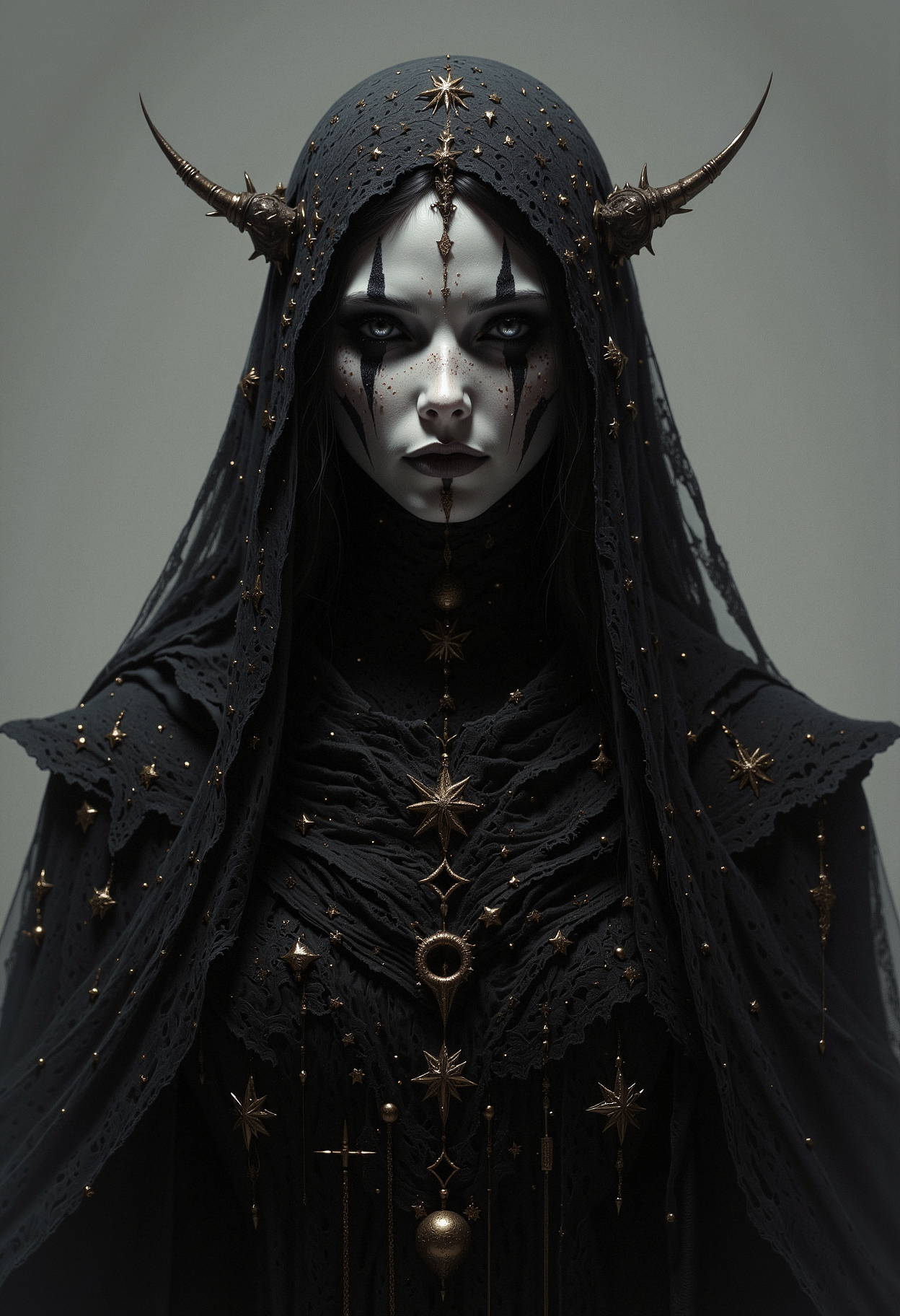 A mysterious female figure with pale white skin and no visible eyebrows. Her eyes are hidden behind a black lace veil adorned with gold stars of varying sizes. Her long, wavy black hair frames her face and falls down her shoulders. Her lips are full, painted a soft matte white. She is dressed in a layered, intricately detailed black gown decorated with tiny golden stars and delicate chains. The image captures her from the front, focusing on the upper half of her body. The lighting is soft, creating a mystical and somber atmosphere. The background is a smooth, grayish gradient with no distinct elements, giving the image a minimalistic and surreal feel.    <lora:dark_fantasy_flux:0.83> <lora:FredFraiStyle-FLUX-Share:0.63> <lora:sxz-Dark-Fantasy-v2-Flux:0.33> drkfnts style,<lora:flux.1_lora_flyway_Epic-Characters_v1:0.43>