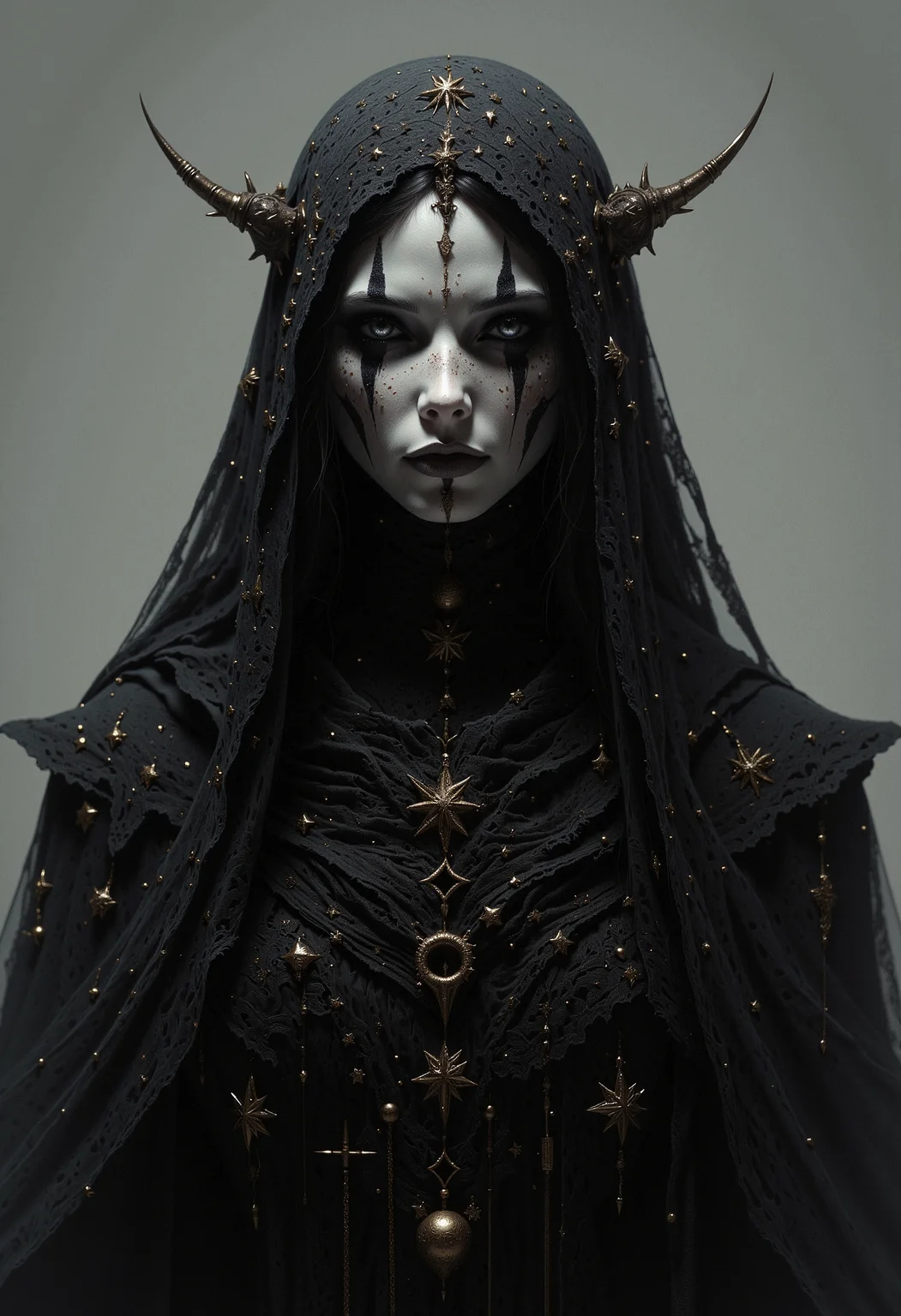 A mysterious female figure with pale white skin and no visible eyebrows. Her eyes are hidden behind a black lace veil adorned with gold stars of varying sizes. Her long, wavy black hair frames her face and falls down her shoulders. Her lips are full, painted a soft matte white. She is dressed in a layered, intricately detailed black gown decorated with tiny golden stars and delicate chains. The image captures her from the front, focusing on the upper half of her body. The lighting is soft, creating a mystical and somber atmosphere. The background is a smooth, grayish gradient with no distinct elements, giving the image a minimalistic and surreal feel. <lora:dark_fantasy_flux:0.83> <lora:FredFraiStyle-FLUX-Share:0.63> <lora:sxz-Dark-Fantasy-v2-Flux:0.33> drkfnts style,<lora:flux.1_lora_flyway_Epic-Characters_v1:0.43>