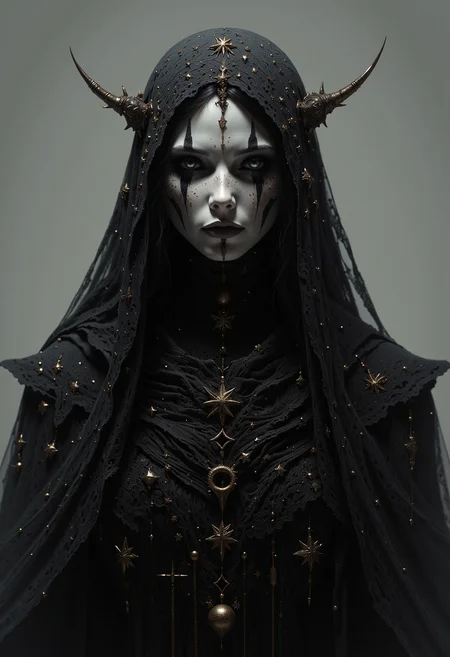 A mysterious female figure with pale white skin and no visible eyebrows. Her eyes are hidden behind a black lace veil adorned with gold stars of varying sizes. Her long, wavy black hair frames her face and falls down her shoulders. Her lips are full, painted a soft matte white. She is dressed in a layered, intricately detailed black gown decorated with tiny golden stars and delicate chains. The image captures her from the front, focusing on the upper half of her body. The lighting is soft, creating a mystical and somber atmosphere. The background is a smooth, grayish gradient with no distinct elements, giving the image a minimalistic and surreal feel. <lora:dark_fantasy_flux:0.83> <lora:FredFraiStyle-FLUX-Share:0.63> <lora:sxz-Dark-Fantasy-v2-Flux:0.33> drkfnts style,<lora:flux.1_lora_flyway_Epic-Characters_v1:0.43>