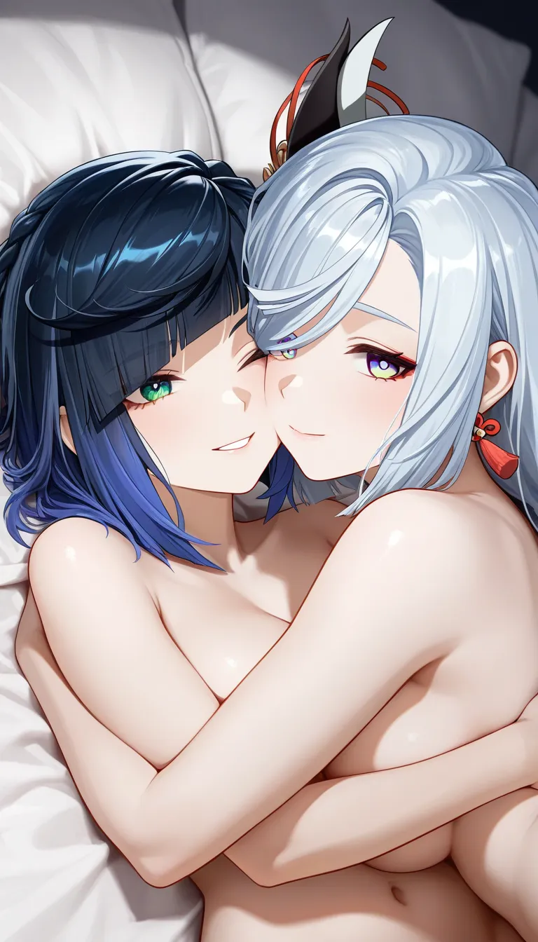 (masterpiece, best quality), safe, amazing quality, very aesthetic, absurdres, highres, newest, HDR, 8K, high detail RAW color art, large pupil, eyelashes,
shenhe \(genshin impact\), lying, hug together, kiss, cheek-to-cheek, on bed, smile, face focus, upper body, yelan \(genshin impact\), naked, nude, navel, pussy, pubic hair,