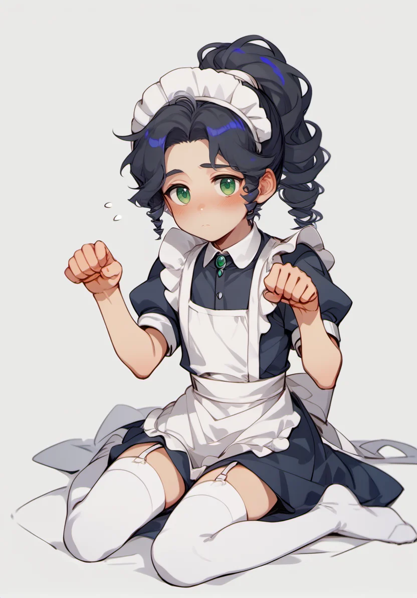score_9, score_8_up, score_7_up, masterpiece, best quality, 1boy, solo, yong boy, <lora:MaiLanPony:1> meilan, ponytail, black hair, green eyes, full body, sitting, blush, apron, white thighhighs, maid, maid headdress, garter straps, paw pose, enmaided