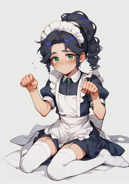 score_9, score_8_up, score_7_up, masterpiece, best quality, 1boy, solo, yong boy, <lora:MaiLanPony:1> meilan, ponytail, black hair, green eyes, full body, sitting, blush, apron, white thighhighs, maid, maid headdress, garter straps, paw pose, enmaided