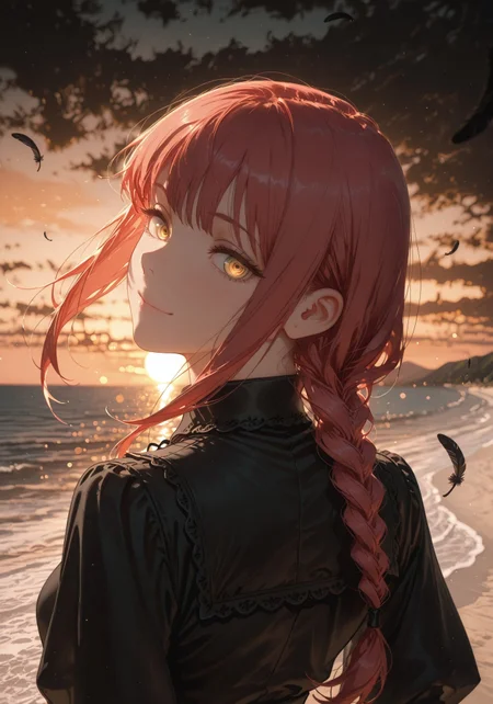 ((face focus,closed up,smile, looking at viewer:1.5))

((1 girl,Makima, ringed eyes,  red hair, braided ponytail, bangs, yellow eyes, sidelocks, medium hair, long hair,glowing eyes,))

(black funeral dress,:1.5),((floating feathers))

(Beach:1.5),(sunset,orange sky,golden hue:1.5)

((negative space:1.1)),((dynamic angle:1.5)),((foreshortening:1.5)),((extreme perspective:1.4)),(dynamic pose:1.5)),(bokeh around character:1.2)

artist:moriimee,Smooth_Quality,amazing quality, ((aesthetic:1.3)),((4k,8k,Ultra HD)),((Masterpiece :1.2)),((Best quality :1.2)),((Detailed :1.5)),((Detailed background :1.5))