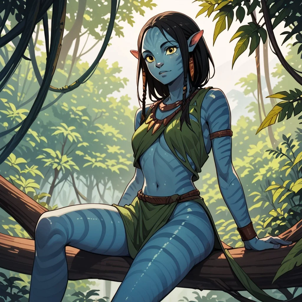 score_9, score_8_up, score_7_up, anime oil painting portrait, 18 year old female Avatar navi alien with blue skin, striped skin, sitting on a branch in the jungle, wearing a tunic made of leaves and moss