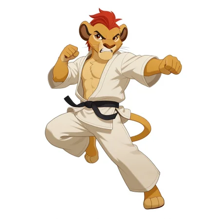 1 male, solo, Kion, anthro lion, light blush, genshinsplash, white background, splash art, angry, karate gi, genshin impact dendro vision, full body, fist, kick jump, full body, BREAK, high quality, best quality, newest, furry male, side view , looking at viewer
