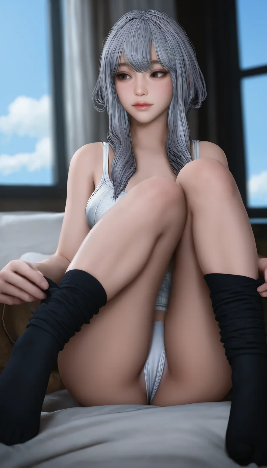 masterpiece,best quality,amazing quality,
<lora:scarletNAI:1>,sc213t,realistic,
silver hair,long hair,bangs,sidelocks,brown eyes,
white camisole,white thong,
black ankle socks,no shoes,
sitting,(removing socks:1.2),
indoors,
window,blue sky,
day,
bed sheet,
depth of field,