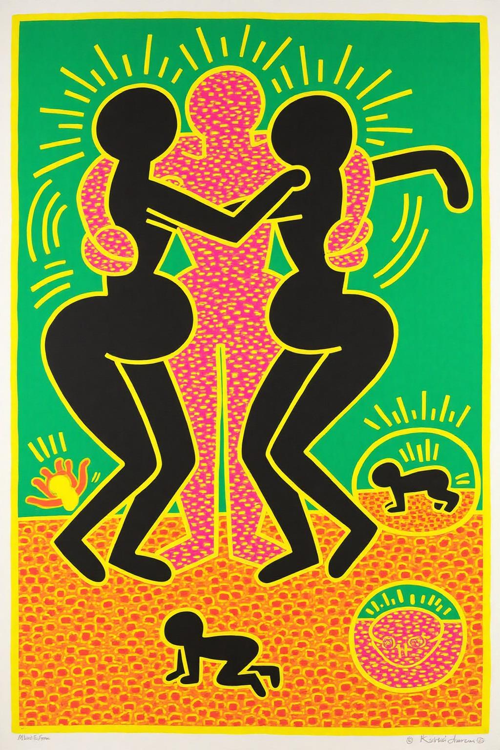 keithharing1 pop art illustration of 
two dancing human figures outlined in yellow.  A pink figure with yellow dots is in the center, hugging the two dancers.  There is a baby crawling inside a round shape on the bottom right corner. <lora:keithharing1_cap_d6a3:1.0><lora:834322054938504672:0>