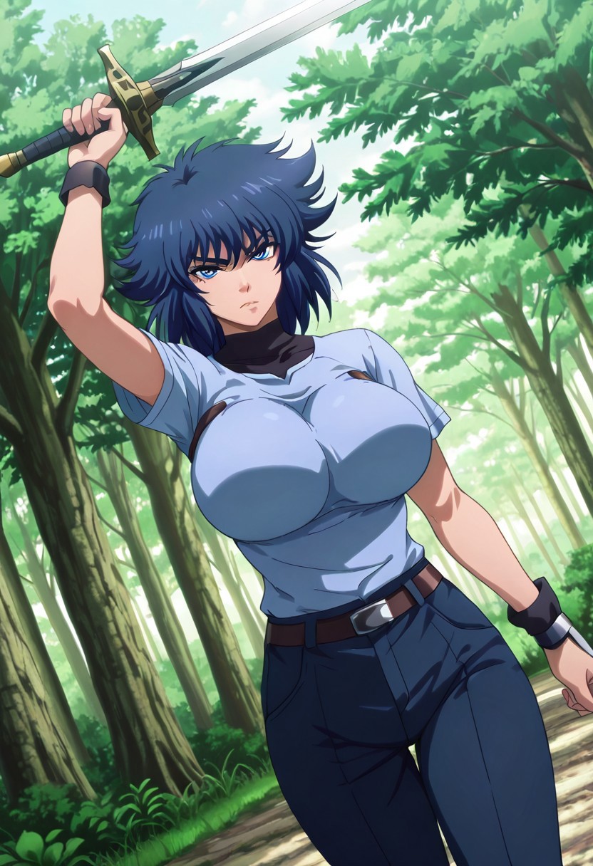 general,highres, ultra-detailed,very aesthetic,best quality ,best hands,best eyes,easynegative,
dynamic anglre, dutch angle, game cg,
1girl solo,looking at viewer,forest,holding a sword,
Kai Harn,blue hair,short hair,blue eyes,huge breasts,shirt,pants,sword,