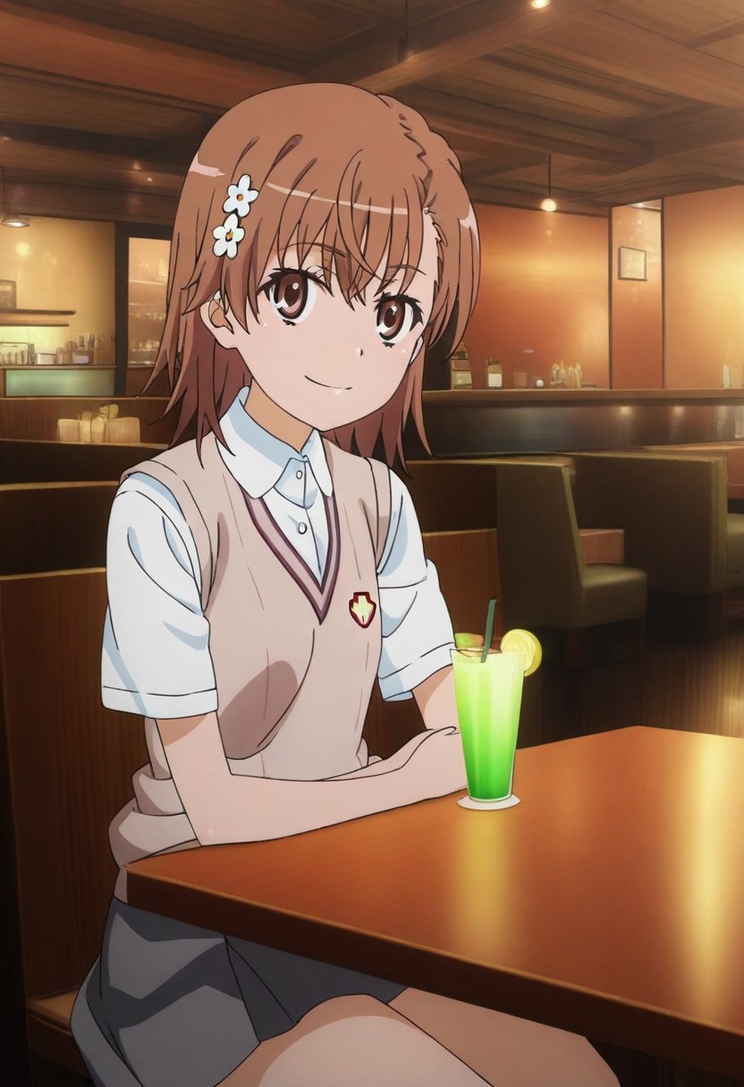 masterpiece, best quality, absurdres, highres, intricate details, very aesthetic, on-model, accurate art style, anime screencap, anime coloring, show accurate, cartoon screencap, movie accurate, official screencap, style parody, flat colors, official art, proper proportions, extremely detailed, newest, 2024, BREAK, 1girl, misaka mikoto, short hair, brown hair, hair ornament, hair flower, school uniform, tokiwadai school uniform, white shirt, brown sweater vest, short sleeves, v-neck, skirt, white socks, loafers, brown loafers, shoes, BREAK, smile, sitting, looking at viewer, BREAK, detailed background, indoors, restaurant, booth, table, cup, drinking straw, BREAK, cowboy shot, BREAK, vibrant colors, cinematic lighting, 75% soft lighting, 25% dark lighting