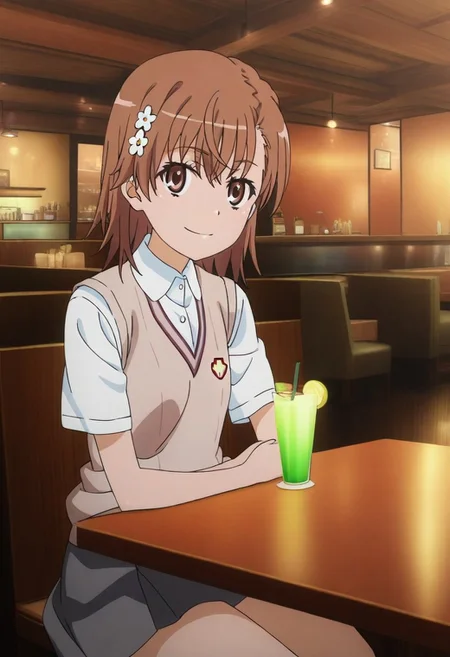 masterpiece, best quality, absurdres, highres, intricate details, very aesthetic, on-model, accurate art style, anime screencap, anime coloring, show accurate, cartoon screencap, movie accurate, official screencap, style parody, flat colors, official art, proper proportions, extremely detailed, newest, 2024, BREAK, 1girl, misaka mikoto, short hair, brown hair, hair ornament, hair flower, school uniform, tokiwadai school uniform, white shirt, brown sweater vest, short sleeves, v-neck, skirt, white socks, loafers, brown loafers, shoes, BREAK, smile, sitting, looking at viewer, BREAK, detailed background, indoors, restaurant, booth, table, cup, drinking straw, BREAK, cowboy shot, BREAK, vibrant colors, cinematic lighting, 75% soft lighting, 25% dark lighting