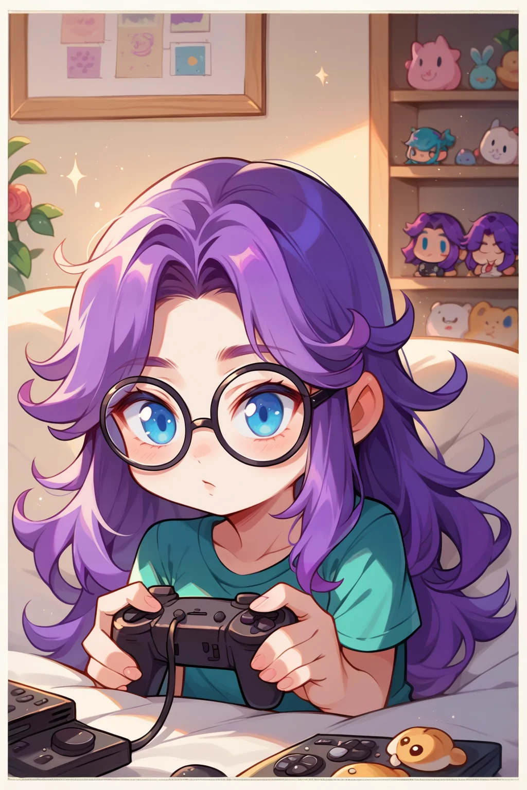 score_9, score_8_up, 1girl, solo, <lora:NSAbigailStardew:1> NSAbigailStardew, purple hair, blue eyes, long hair, parted bangs, glasses, holding a controller, console, chibi, seiza