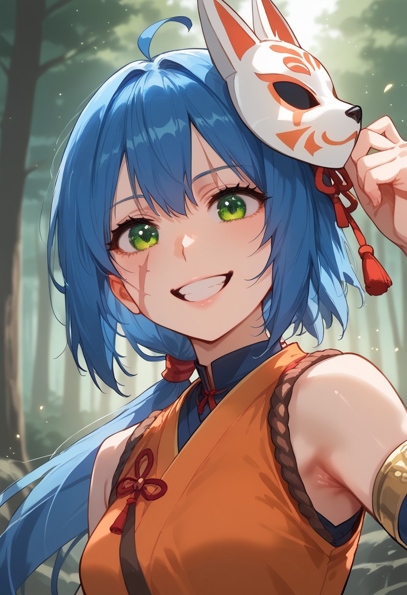 score_9, score_8_up, score_7_up, score_6_up, source_anime, masterpiece, detailed, detailed body, detailed face:1.3, sharp edges, sharp contonurs, volumetric lighting, vibrant colors. Face focus, light particles, godrays, portrait, warm light,   dynamic camera angle, pure smile, half body shot, excited pose, hand up, armpit
Floox style, Akane akitsu, low ponytail, blue hair, green eyes, one scar on the cheek, small breasts, Orange ninja costume, Fox mask on the side
Detailed background, forest background, threes, nature