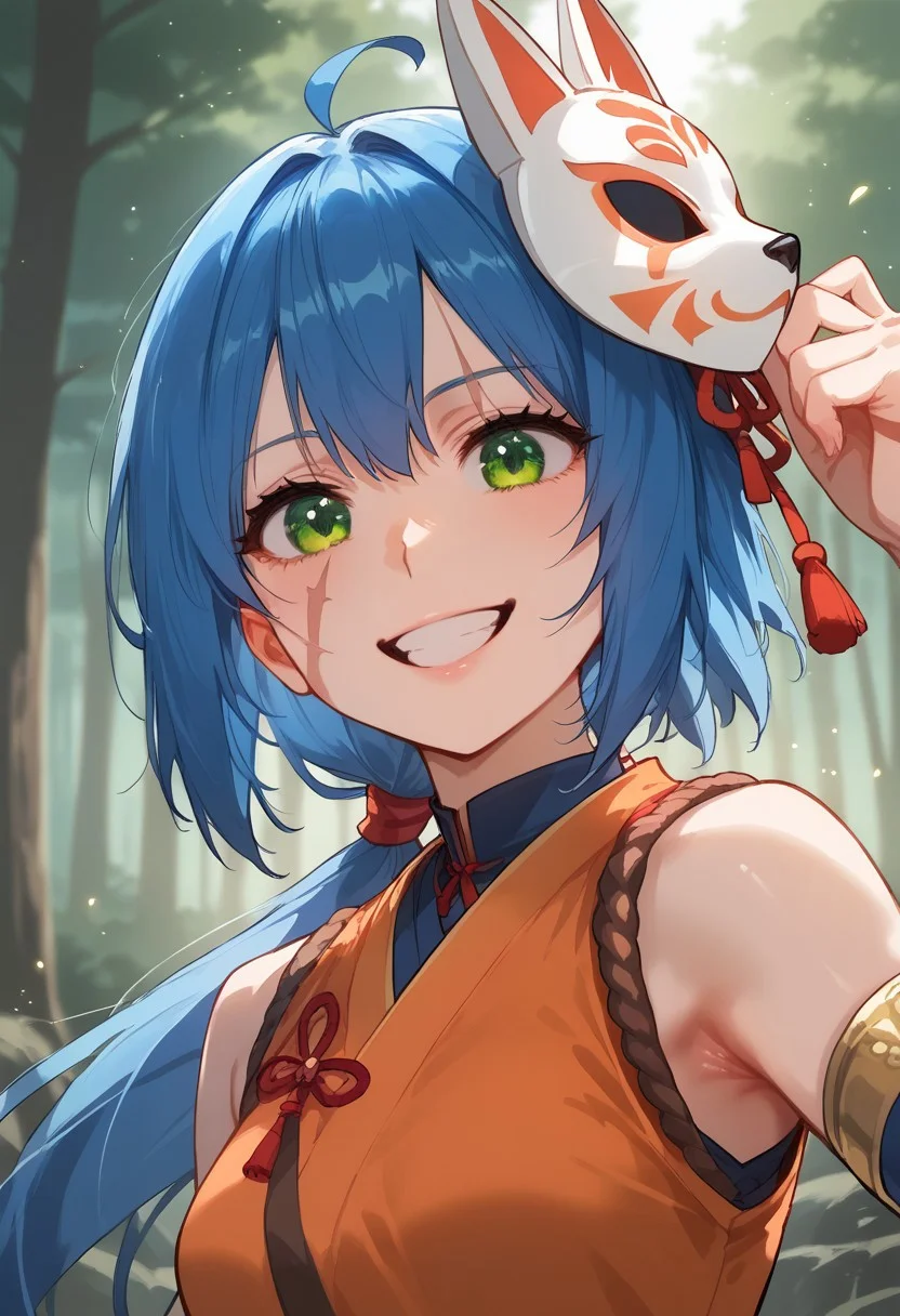 score_9, score_8_up, score_7_up, score_6_up, source_anime, masterpiece, detailed, detailed body, detailed face:1.3, sharp edges, sharp contonurs, volumetric lighting, vibrant colors. Face focus, light particles, godrays, portrait, warm light, dynamic camera angle, pure smile, half body shot, excited pose, hand up, armpit
Floox style, Akane akitsu, low ponytail, blue hair, green eyes, one scar on the cheek, small breasts, Orange ninja costume, Fox mask on the side
Detailed background, forest background, threes, nature