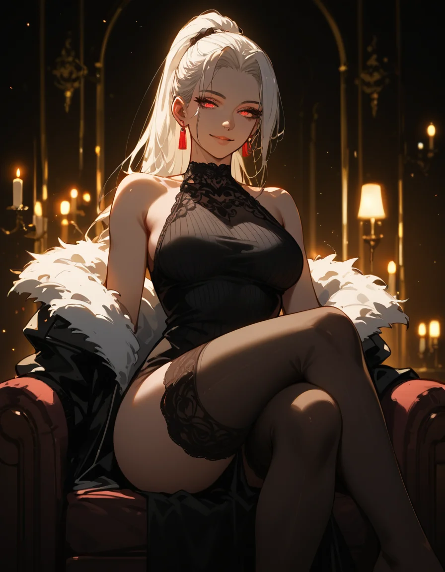 score_9, score_8_up, score_7_up, 8k, high res,sinozick style, volumetric lighting, dramatic evenly lit, colorful, vibrant colors,sci-fi,bokeh,[thick thighs:0.7],1girl,platinum blonde luminescent hair,wild hair, long ponytail, mature woman, busty, sexy, seductive smile, cowboy shot, Expressiveh, black sweater dress, bare shoulders, elegant white fur jacket,black choker, sitting, crossed legs, beautiful eyes, elegant lace stockings, <lora:Expressive_H:0.8>  <lora:DarkerThanDarkV0.8:0.5> <lora:Sinozick_Style_XL_Pony:1>