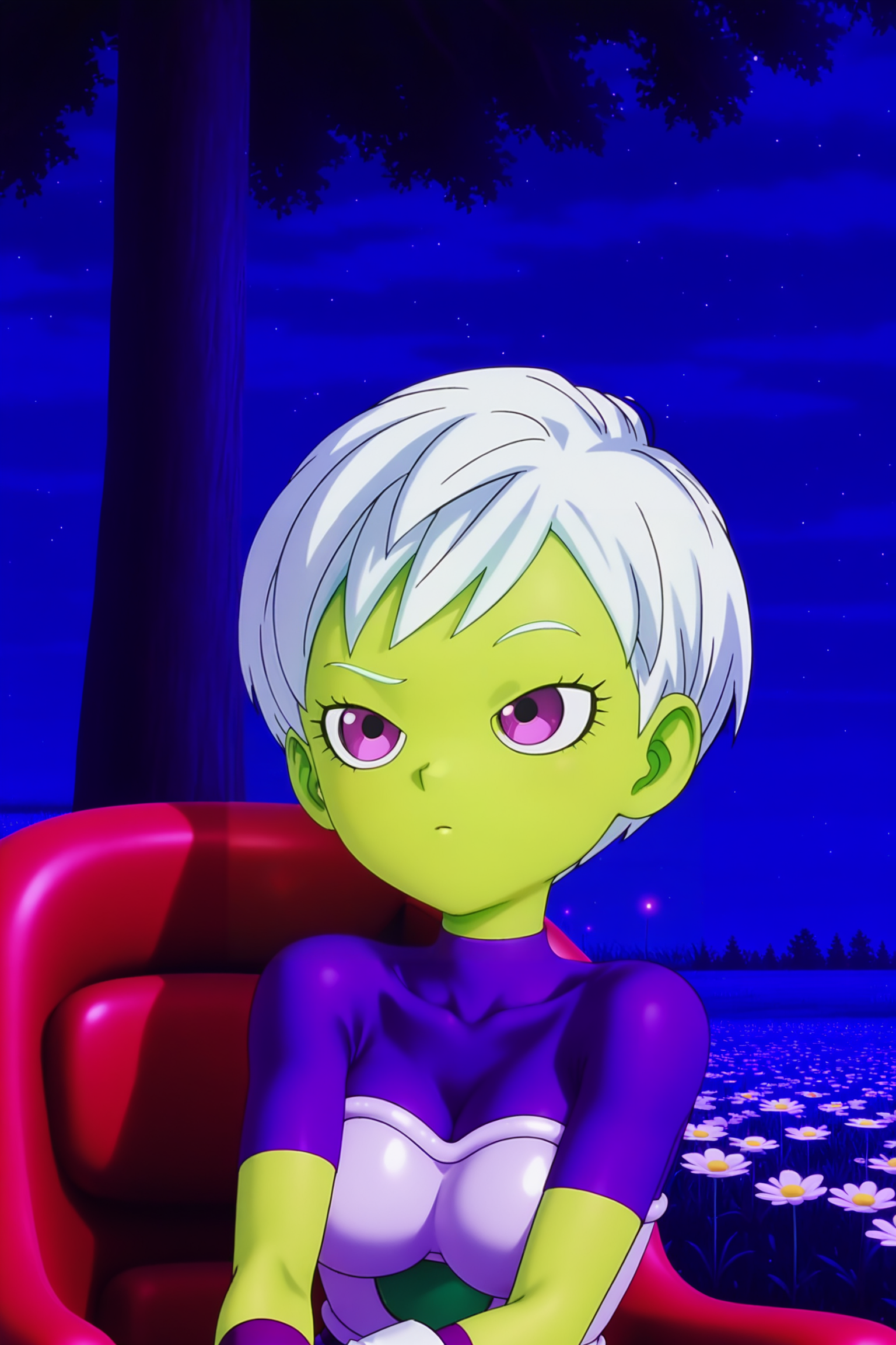 anime screencap, absurdres, high quality, official style, 
cheelai, 3d animation, 1girl, solo, breasts, short hair, raised eyebrow, purple eyes, eyelashes, white hair, colored skin, green skin, strapless, saiyan armor, skin tight, collarbone, undershirt, short sleeves, purple shirt, purple wristband, white gloves, tree, red chair, sitting on chair, field, night, flower, looking at another, upper body
 <lora:Cheelai_IL:0.8>