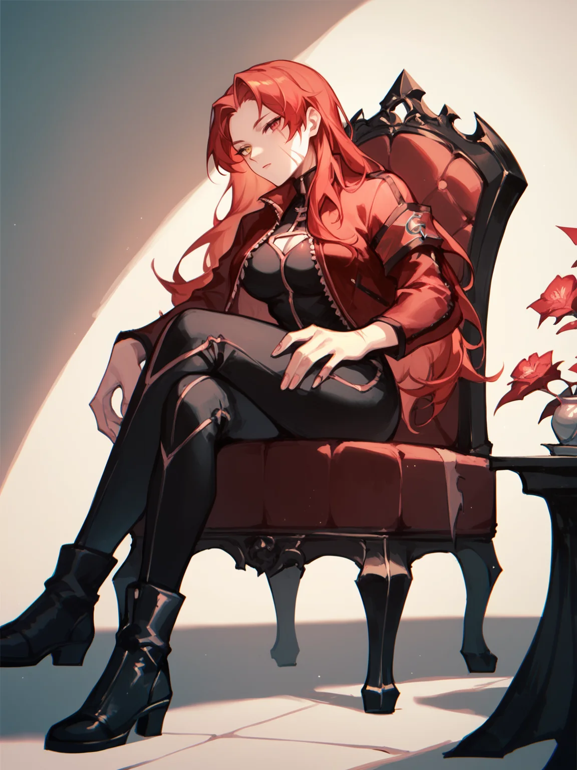 score_9, score_8_up, score_7_up, Gebura, 1woman, solo, red long hair, scars on face, heterochromia, black jumpsuit, shor red jacket, black boots, steps on chair, night room background <lora:Gebura:1>